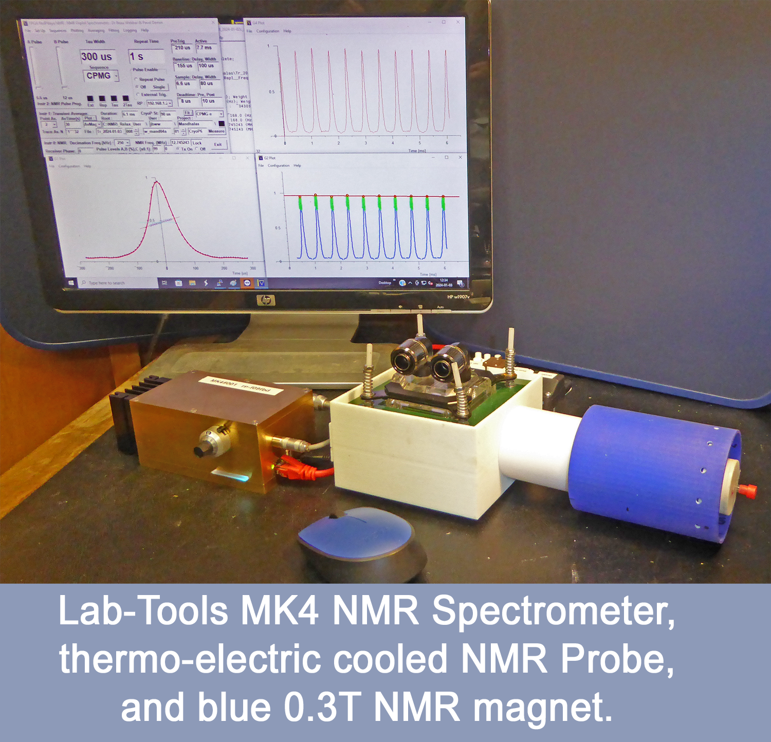 Lab-Tools Mk4 NMR Spectrometer, Peltier thermo-electrically cooled (-45C to +80C) NMR Probe, and blue 0.3T 36mm bore NMR magnet. Excellent for Materials-Science and process monitoring & control : https://nmrspectrometer.lab-tools.com/